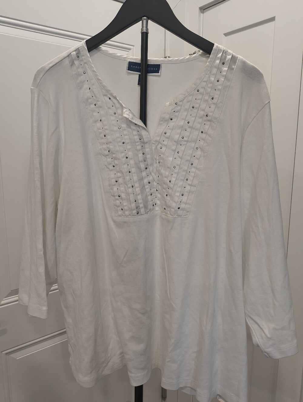 Karen Scott Plus Size 3X White Stud-Accent V-Neck Tunic 3/4 Sleeve Cotton Shirt